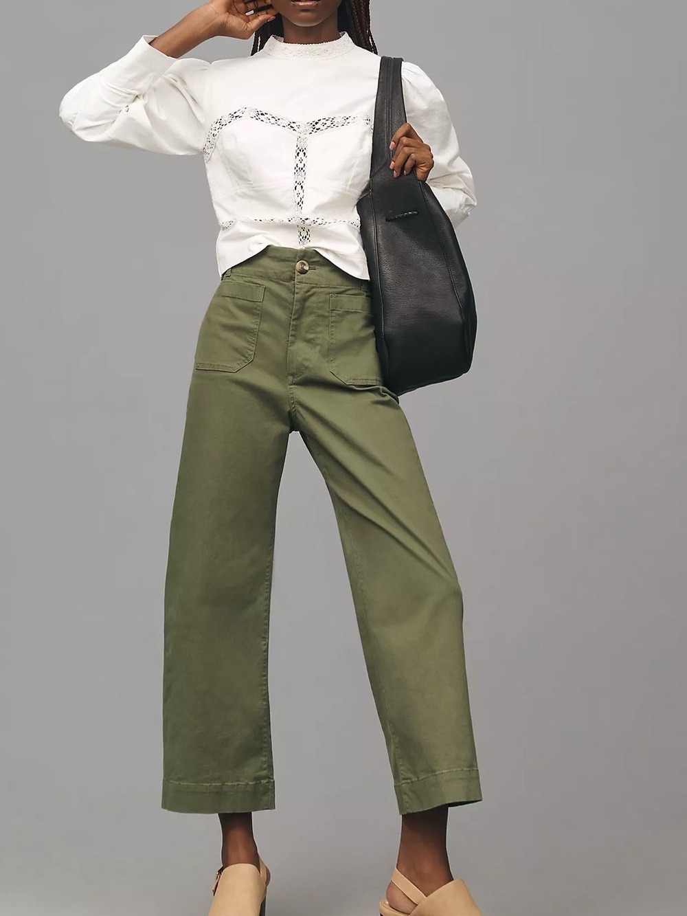 Maeve by Anthropologie Colette Twill Crop Wide-Leg Pants Size 25 Army Green